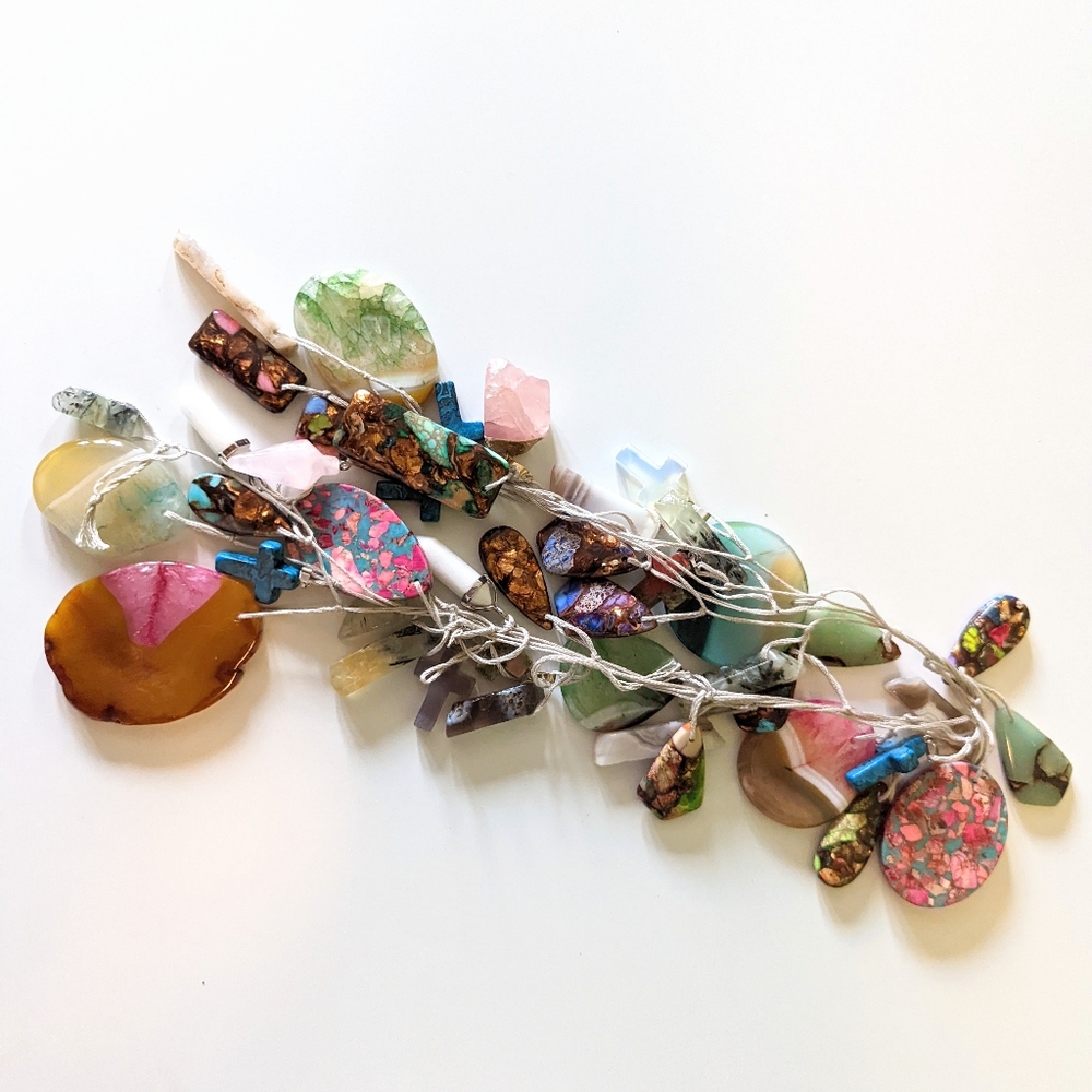 Handmade Garland of Quartz Crystals, Polished Rocks, Minerals, Colorful Pendants